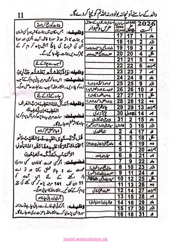 Urdu Jantri August 2026 Pakistan