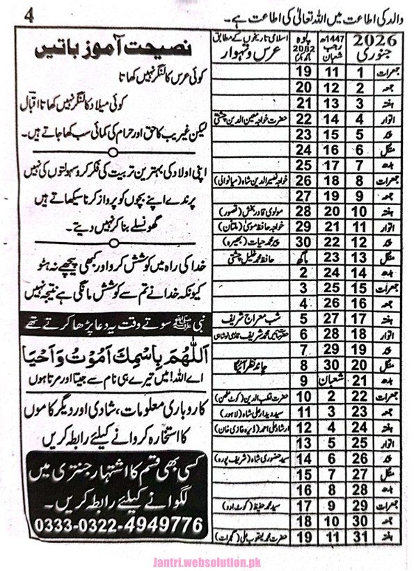 Urdu Jantri January 2026 Pakistan